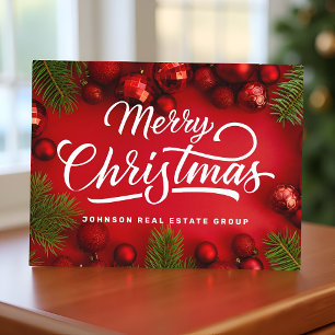 Modern Red Christmas Ornaments and Green Pine Holiday Postcard