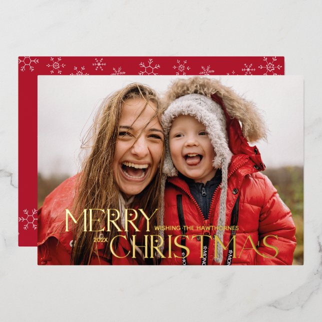 Modern red Christmas real foil Photo Holiday Card (Front/Back)