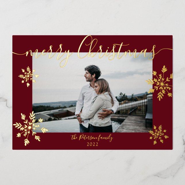 Modern red Christmas script snowflakes photo Foil Holiday Card (Front)