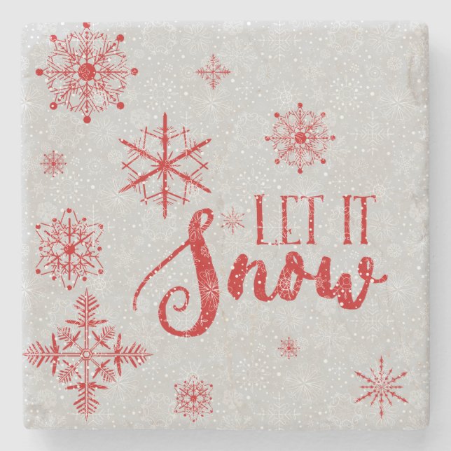 Modern Red Christmas Snowflakes Let it Snow Stone Coaster (Front)