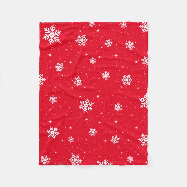 Modern Red Christmas Stars Snowflakes Pattern Fleece Blanket (Front)