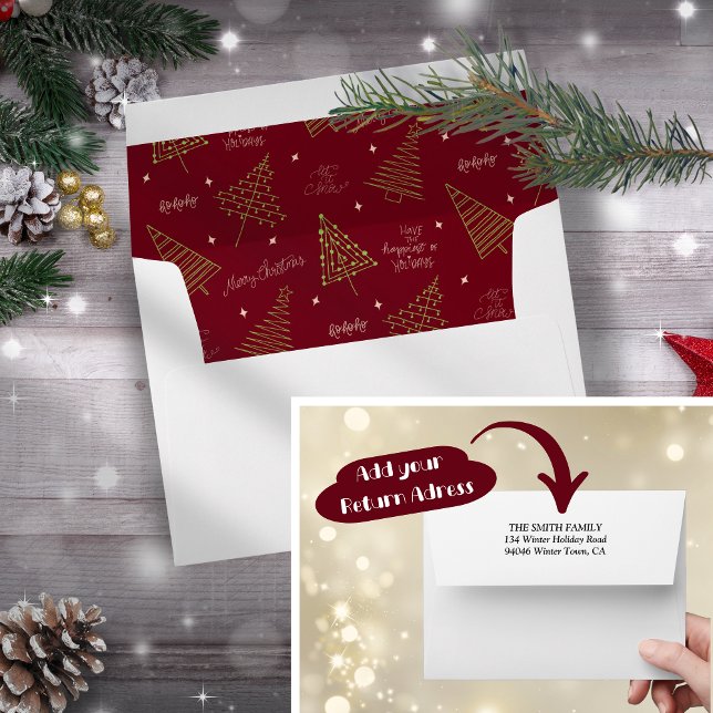 Modern Red Christmas Tree Inlay & Return Address Envelope (Trendy lineart Christmas Trees with seasonal greetings and customizable return addrees)