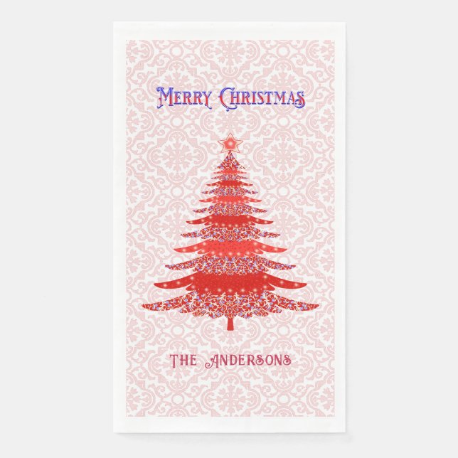 Modern Red Christmas Tree Snowflakes Personalised Napkin (Front)