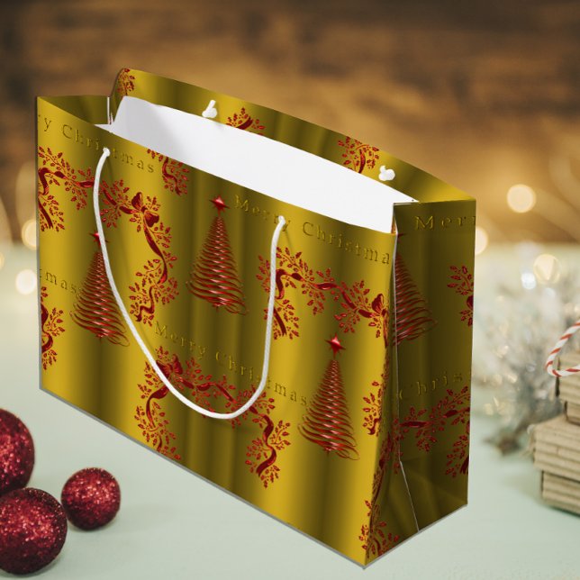 Modern Red Christmas Trees on Gold Large Gift Bag (Creator Uploaded)