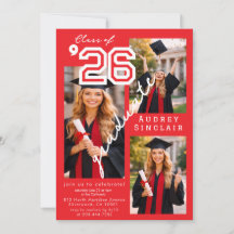 Modern Red Class of 2026 3-Photo Graduation Invit