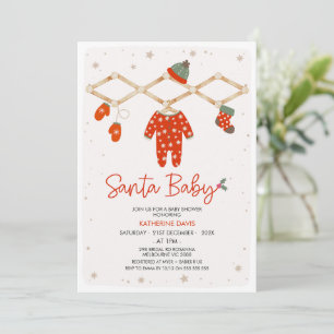 Modern Red Clothesline Santa Baby Baby Shower  Invitation