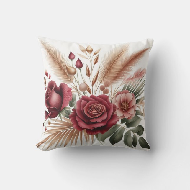 Modern red colour rose flower with eucalyptus  cushion (Front)