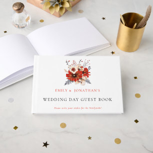 Modern Red Cream Florals Foliage Wedding Day Guest Book