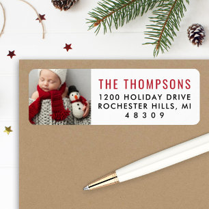 Modern Red Custom Christmas Photo Return Address