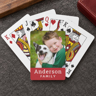 Modern Red Custom Family Name Photo Playing Cards