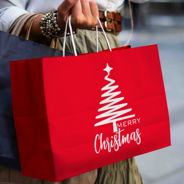 Modern Red Cute Merry Christmas tree gift bag (Red christmas bag)