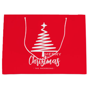 Modern Red Cute Merry Christmas tree Name gift bag
