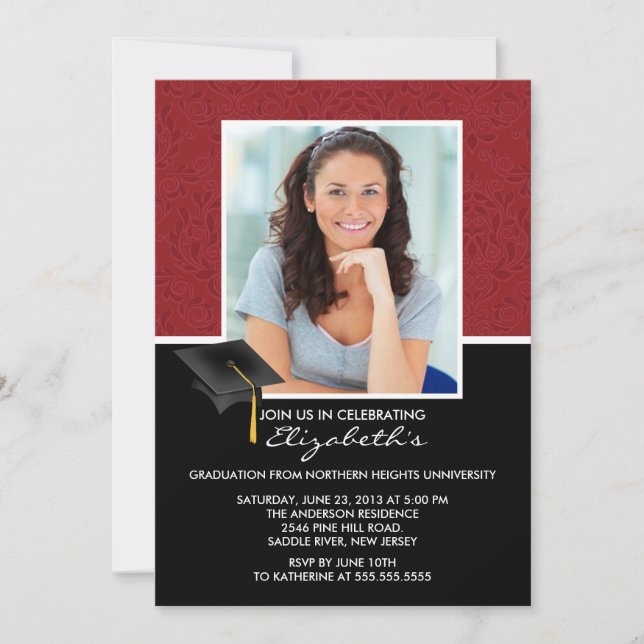 Modern Red Damask Graduation Party Announcement (Front)