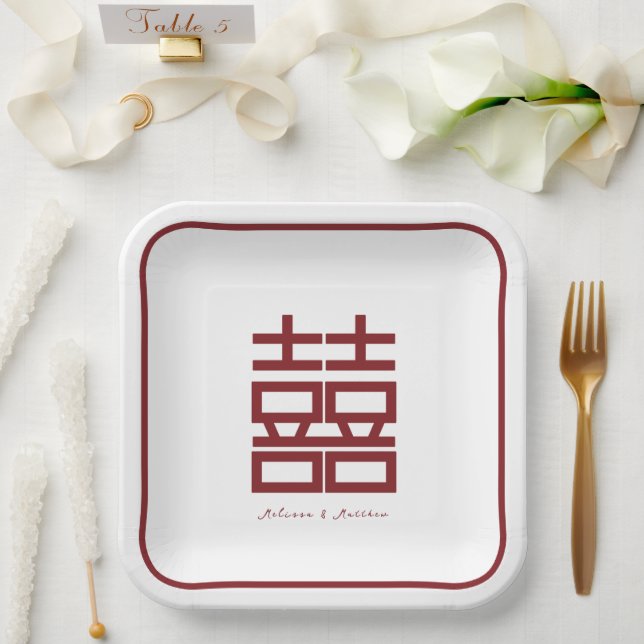 Modern Red Double Happiness Chinese Wedding Paper Plate (Wedding)
