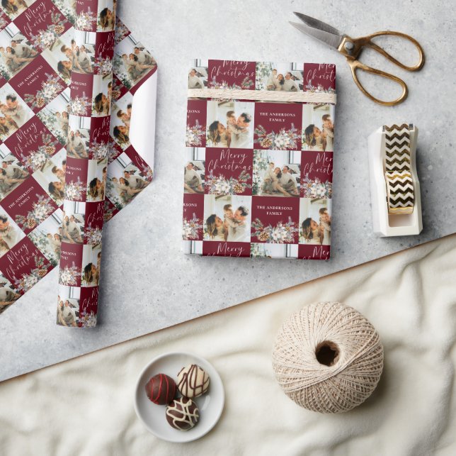 Modern Red Elegant Family Photo Merry Christmas Wrapping Paper (Crafts)