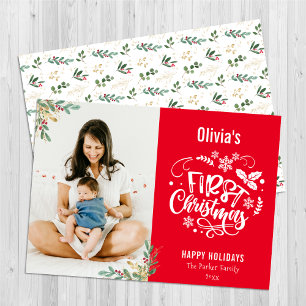 Modern Red Elegant Script Baby First Christmas Holiday Card