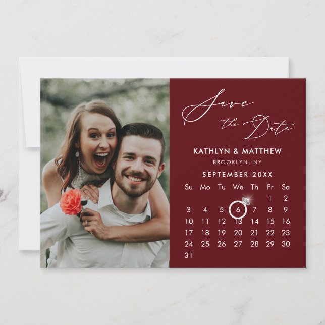 Modern Red Elegant Script Custom Calendar Photo Save The Date (Front)