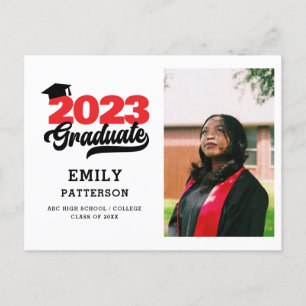 Modern Red Elegant Script Photo Graduation Announcement Postcard