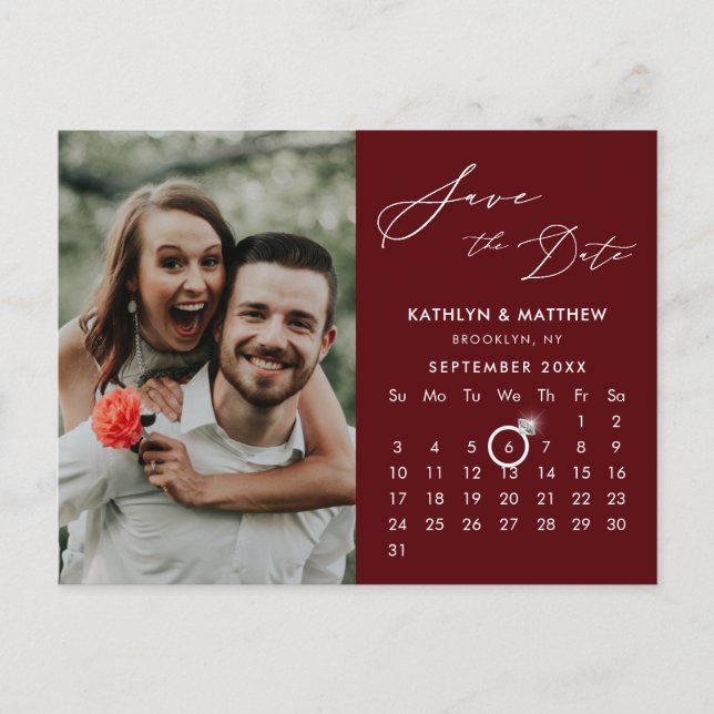Modern Red Elegant Script Photo Save the Date Announcement Postcard (Front)