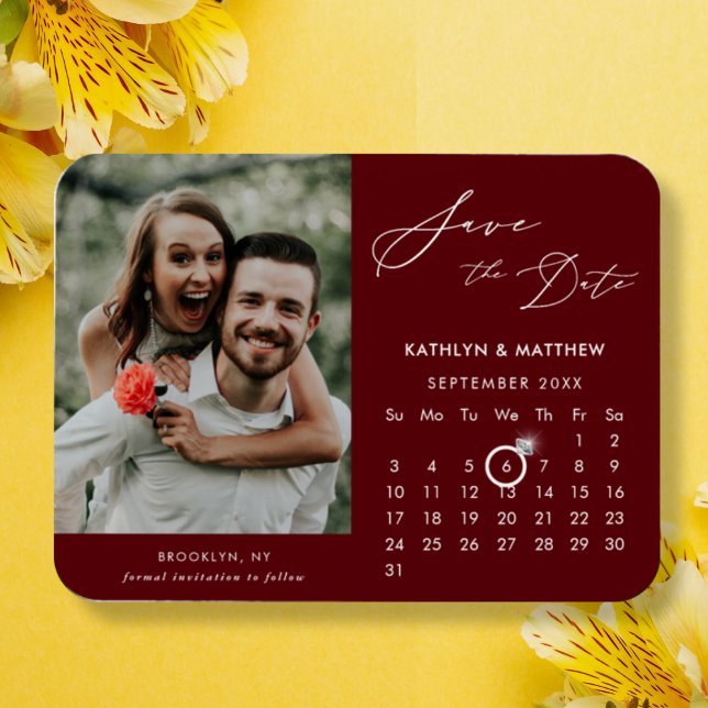 Modern Red Elegant Script Photo Save the Date Magnet (Creator Uploaded)