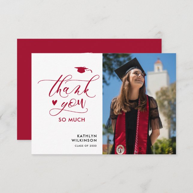 Modern Red Elegant Script Photo Simple Graduation Thank You Card (Front/Back)