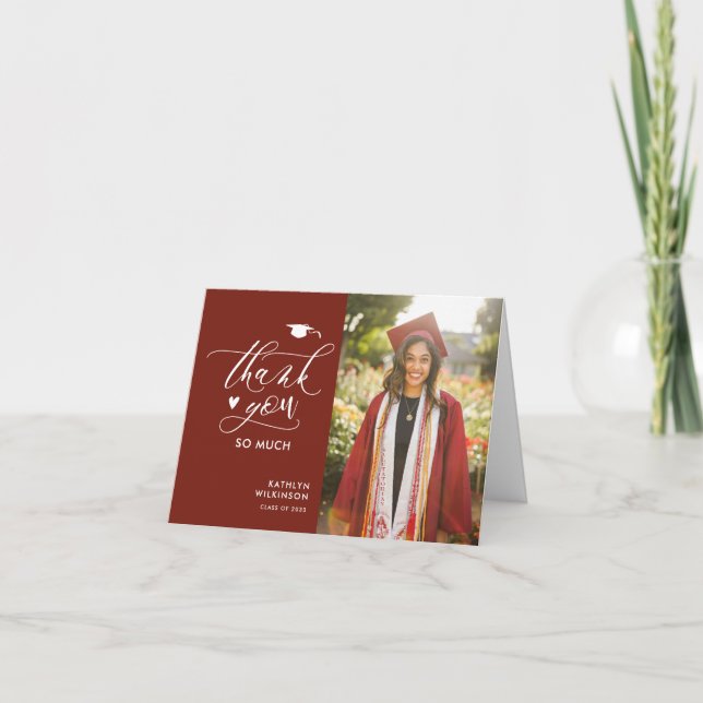 Modern Red Elegant Script Simple Graduation Thank You Card (Front)