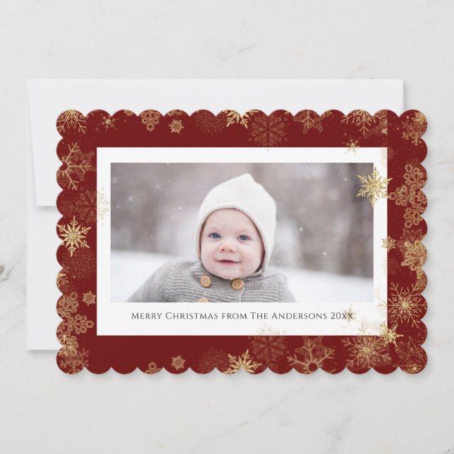 Modern Red Elegant Script Snowflakes Bokeh Overlay Holiday Card (Front)
