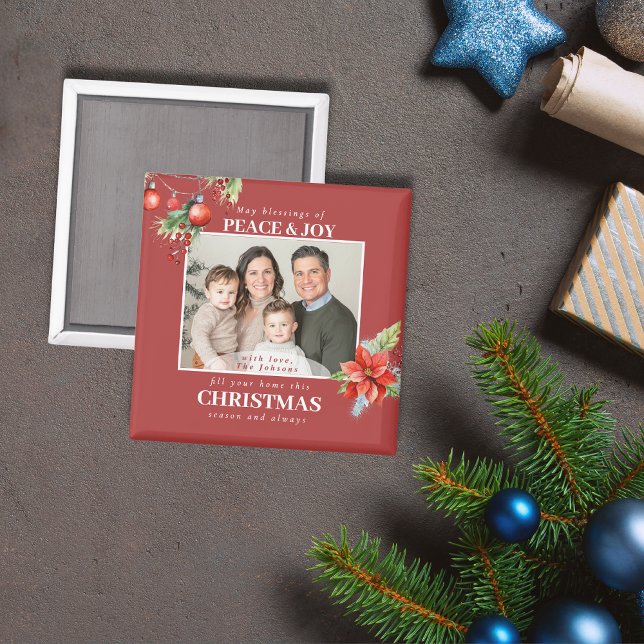 Modern Red Family Photo Christmas Magnet (Creator Uploaded)