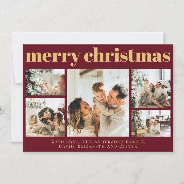 Modern Red | Family Photo Collage Christmas Holiday Card (Front)