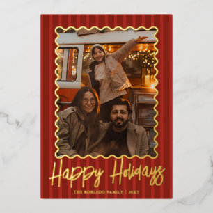 Modern Red Family Photo Happy Holidays Foil Holiday Card