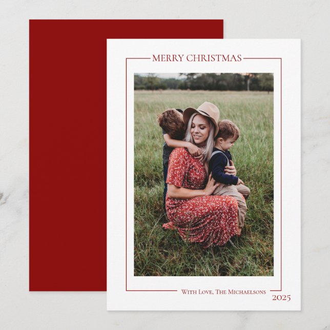 Modern Red Family Photo  Holiday Card (Front/Back)