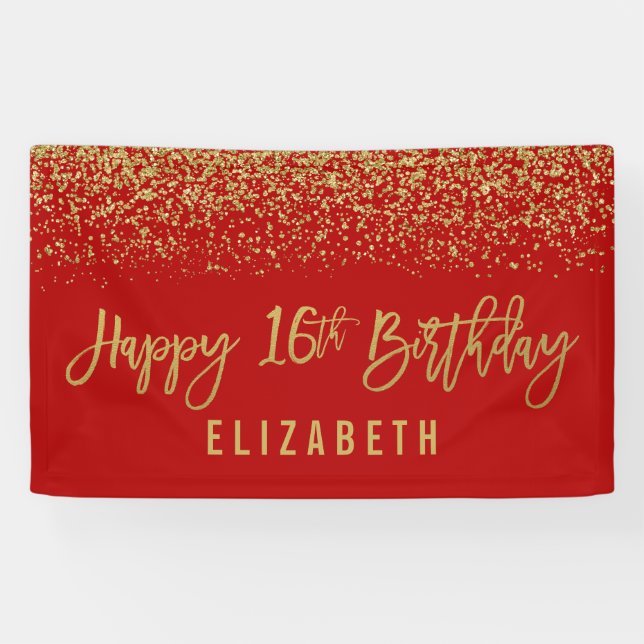 Modern Red Faux Gold Glitter 16th Birthday Banner (Horizontal)