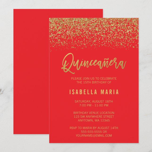 Modern Red Faux Gold Glitter Quinceanera Invitation (Front/Back)