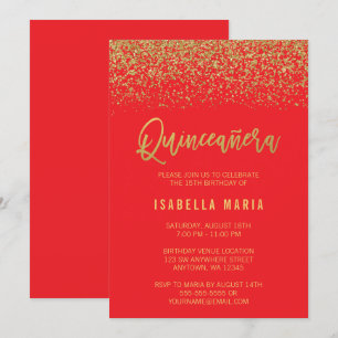 Modern Red Faux Gold Glitter Quinceanera Invitation