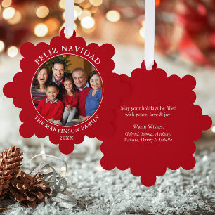Modern Red Feliz Navidad Photo Tree Decoration Card