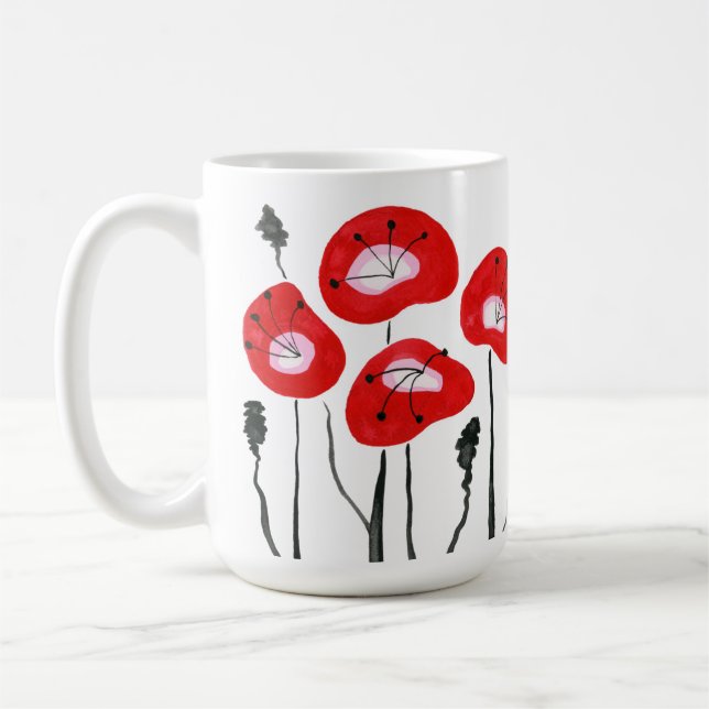 Modern Red Field of Poppies Abstract Floral Gift Coffee Mug (Left)
