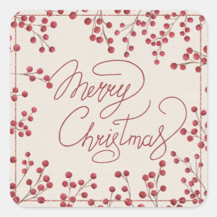 Modern Red Fire Berry Merry Christmas Square Sticker