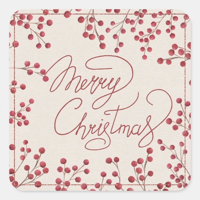 Modern Red Fire Berry Merry Christmas Square Sticker (Front)