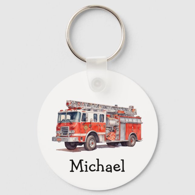 Modern Red Fire Truck Personalised Name Key Ring (Front)