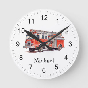 Modern Red Fire Truck Personalised Name Round Clock