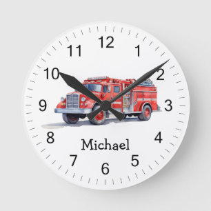 Modern Red Fire Truck Personalised Name Round Clock