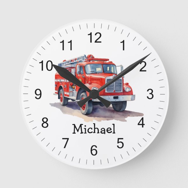 Modern Red Fire Truck Personalised Name Round Clock (Front)