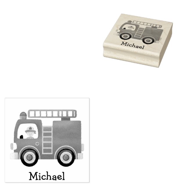 Modern Red Fire Truck Personalised Name  Rubber Stamp (Stamped)