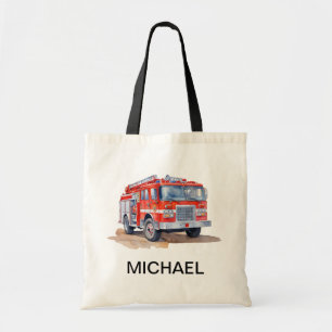 Modern Red Fire Truck Personalised Name Tote Bag