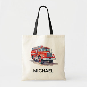 Modern Red Fire Truck Personalised Name Tote Bag