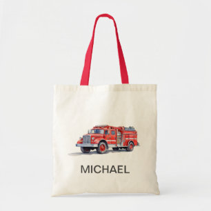 Modern Red Fire Truck Personalised Name Tote Bag