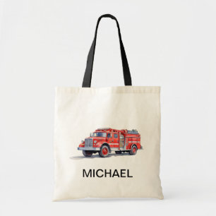 Modern Red Fire Truck Personalised Name Tote Bag