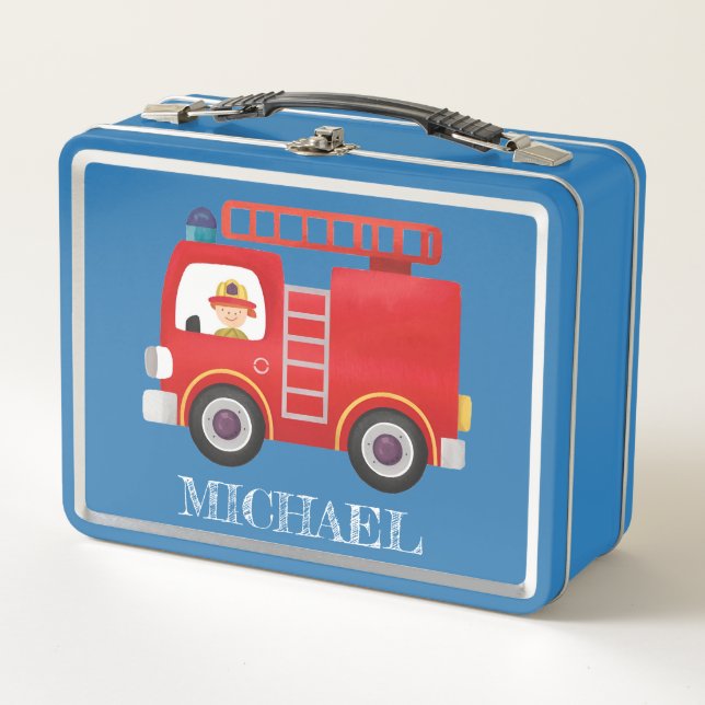 Modern Red Fire Truck Personalised Name Trucker Ha Metal Lunch Box (Front)