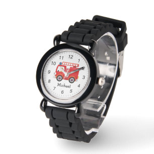 Modern Red Fire Truck Personalised Name Watch