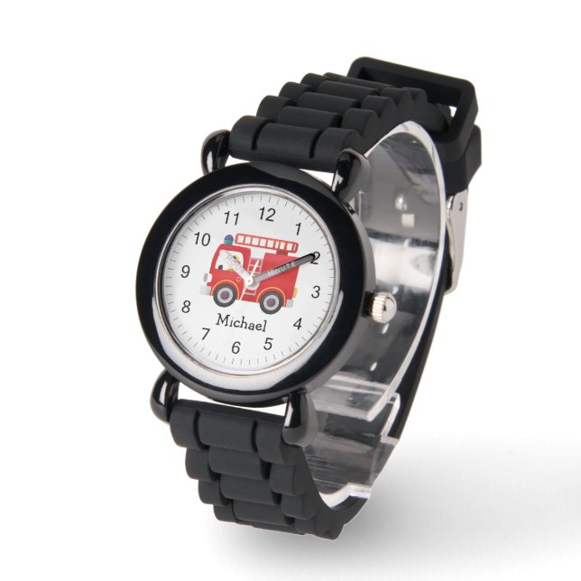 Modern Red Fire Truck Personalised Name Watch (Angle)